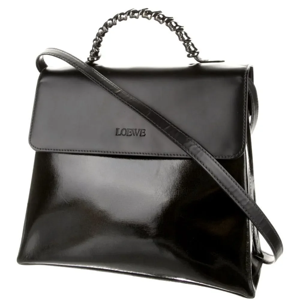 Auth Loewe Black Green Leather Top Handle 2way  Satchel Preloved Vtg Purse Bag